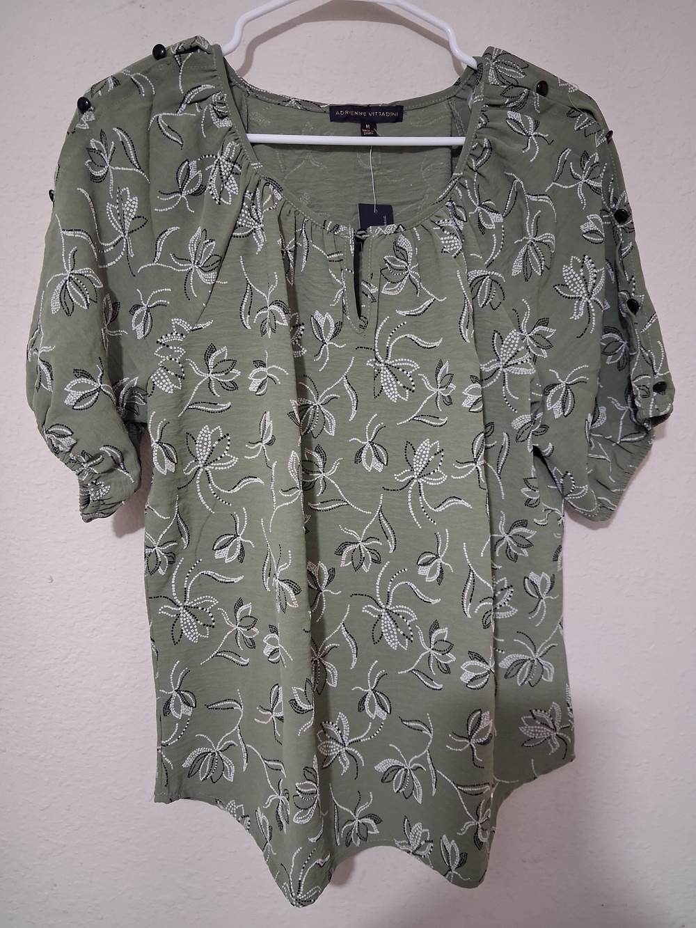 Adrienne Vittadini Olive Green Floral Pintuck Peasant Blouse
